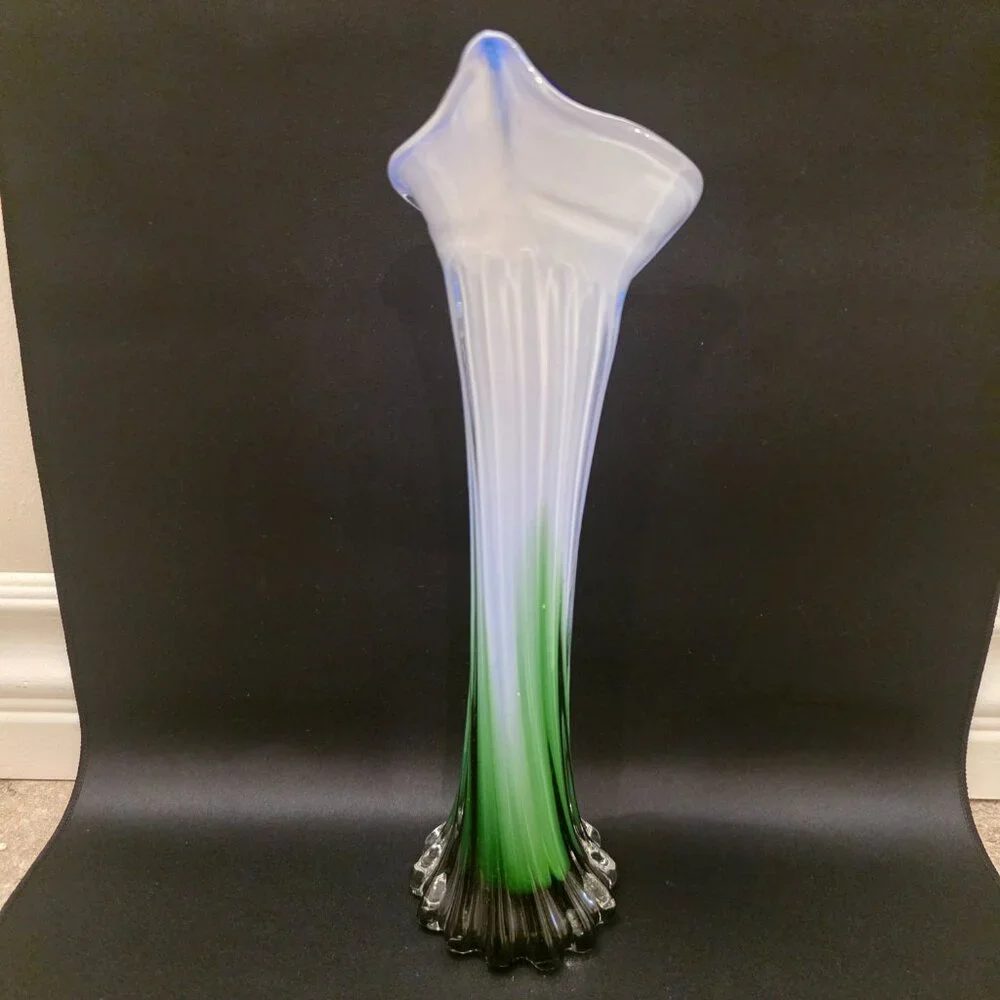 Blue White Green Murano Style Calla Lily Jack Pulpit Vase Art Hand Blown Glass